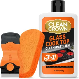 3-in-1 Cooktop Cleaner Kit (8.8 Oz Cooktop Cleaner + Scrubbing Pad + Scraper), Stovetop Cleaner for Electric Top Stoves, Ceramic Cooktops & Fireplace Glass, Remove Burned on Food, Grease
