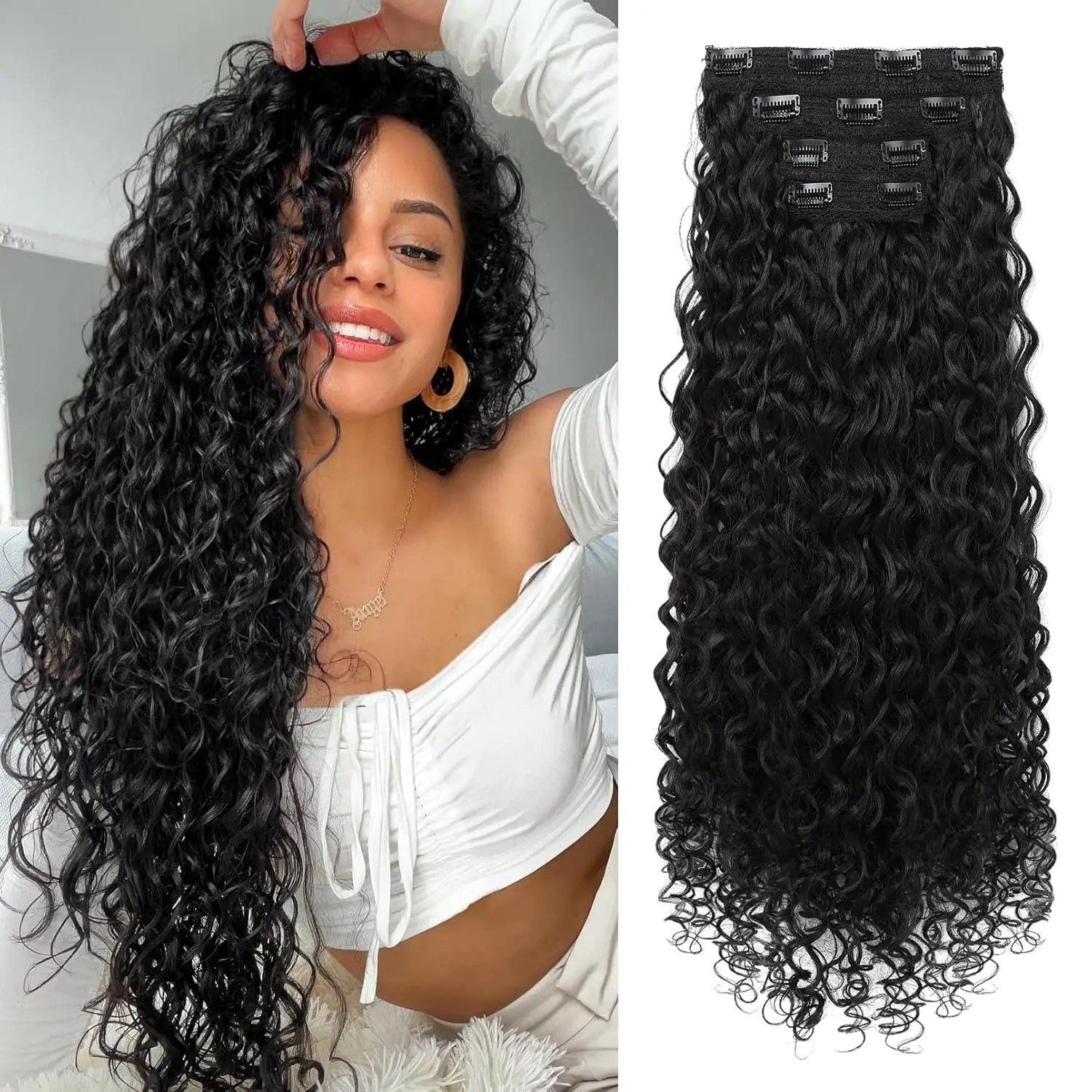4PC Clip in Hair Extensions, 100% Pure otein Silk Curly Hair Extension for Women, 26 Inch Long Soft Natural Hair Extensions-Natural Black