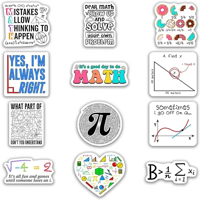 Math Stickers 12pcs for Students Teens, Funny Math Stickers, Pi Mathematics Design, Mathematics Decals for Classroom, Waterproof Stickers for Water Bottles Laptop