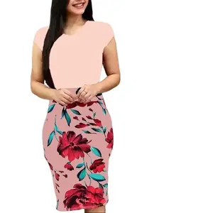 Printed Office Midi Pencil Dress Large Women's Crew Neck Short Sleeve Silk Fabric Summer Casual Asian European American Style