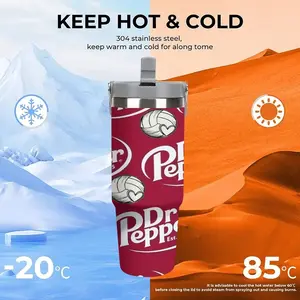 1pc 30oz Stainless Steel Insulated Mug, a popular soda enthusiast gift. Features a full-coverage print of volleyballs/Tarot cards and Dr. Pepper, large capacity, with handle and straw. Suitable for outdoor, sports, and indoor use. A personalized gift.