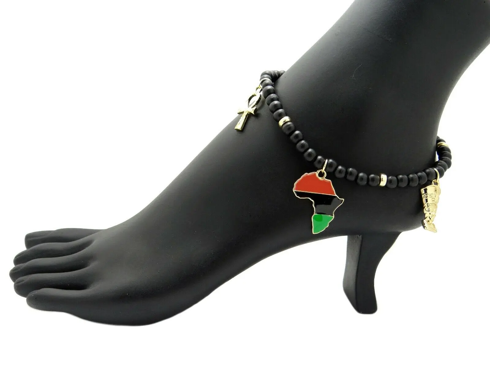 MaxBling81 Women's Egyptian Stretch Anklet Bracelet, Black Wooden Beads with Nefertiti, Ankh & Africa Charms, 10"-12" for Daily Wear, Alloy, 6Mm, Nefertiti Charm, 10”–12” Length, 10" To 12", Polished Finish, Casual, Ankh Cross, Egyptian Nefertiti
