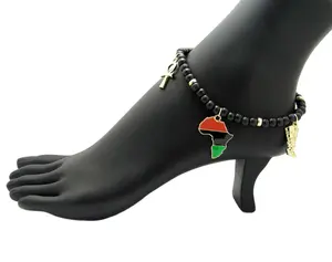 MaxBling81 Women's High Quality Ethnic Egyptian-Inspired Stretch Anklet Bracelet - 10"-12" Alloy Costume Jewelry with Nefertiti Charm, Ankh Cross, Africa Charm, 6mm Black Wooden Beads, Metal Coating for Daily Wear