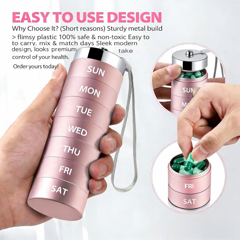 Metal Travel Pill Organizer Portable 7-Day Vitamin Organizer Stackable Waterproof Moisture Proof Large Pill Container, Daily Medicine Organizer for Vitamin, Fish Oil, Supplement Healthcare Aid