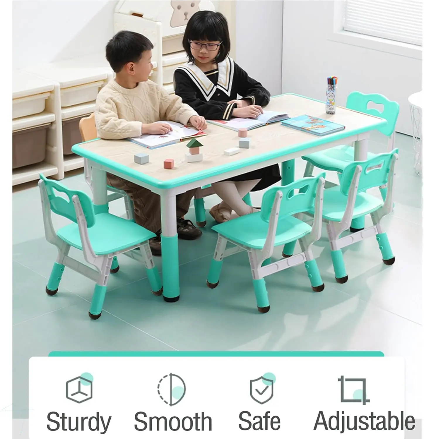 Garvee Kids Table and 6 Chair Set,47 Inches Modern Height Adjustable Toddler Table and 6 Chairs Set with Non-Slip Table Legs&Organizer Graffiti Desktop,Preschool Activity Art Craft Table for 6