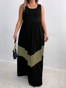 [Plus Size] Colorblock Round Neck Dress, Casual Boho Sleeveless Dress for Daily Wear, Women's Plus Size Clothing for Summer