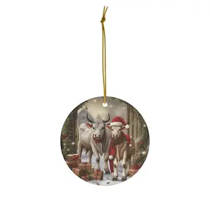 Festive Ceramic Cow Ornament with Full-Color Imprint - Perfect Christmas Gift