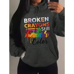 Women's broken crayons still color Graphic Hoodie - Cotton Blend Black Long Sleeve Pullover Regular Fit | Soft & Breathable Fabric, Durable Print, Everyday Comfort, Machine Washable, casual fashion indoor selfie
