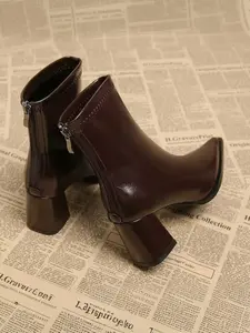 Women's Vintage High Heel Boots, Autumn Winter New Thick Sole British Style Short Boot, Slimming Genuine Leather Shoes