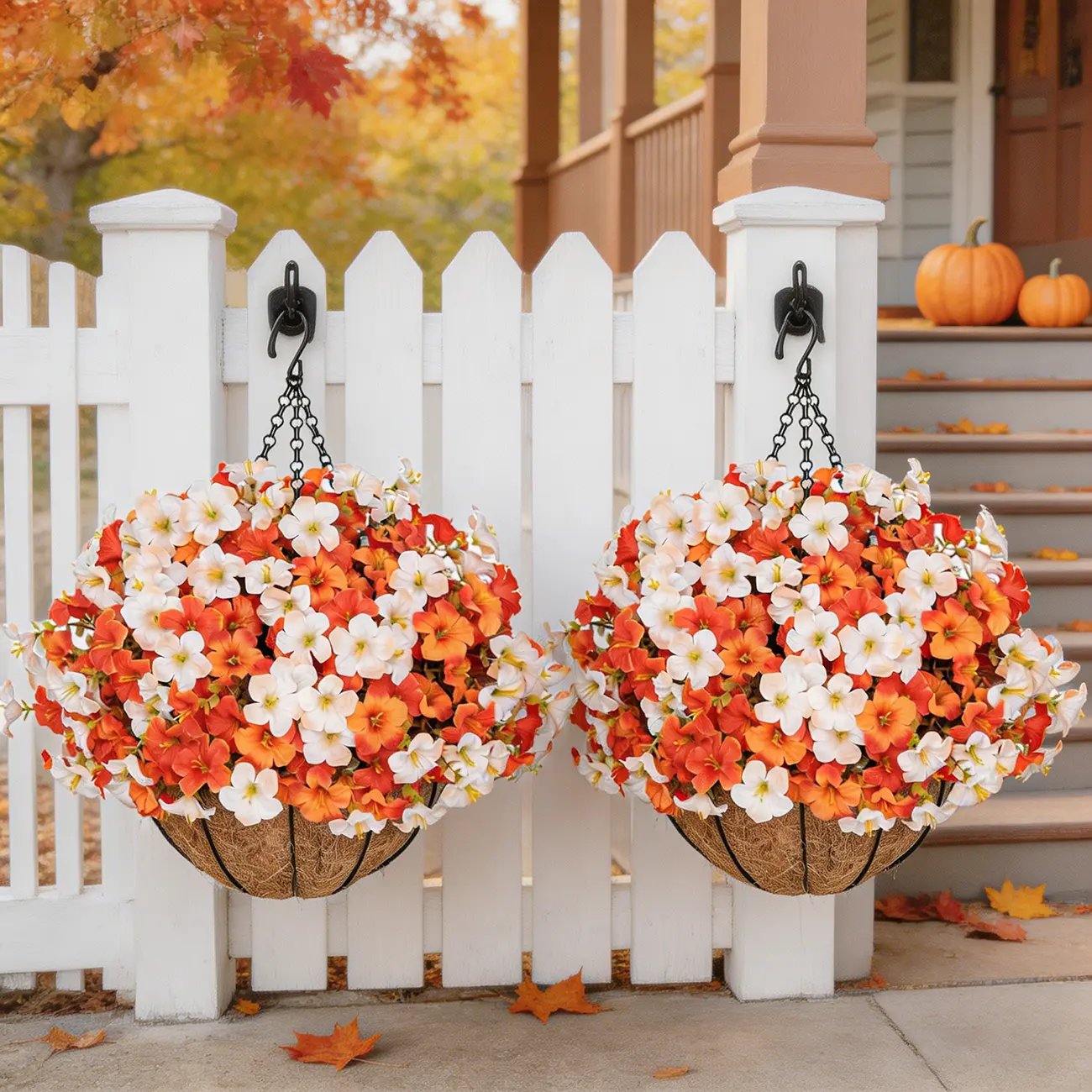2Pcs UV Resistant Artificial Outdoor Hanging dwarf morning glory Planters Autumn flower baskets, including 2 hanging flower pots and 24 flowers - suitable for front porch, garden, patio, patio and home decoration.room decorations floral arrangement