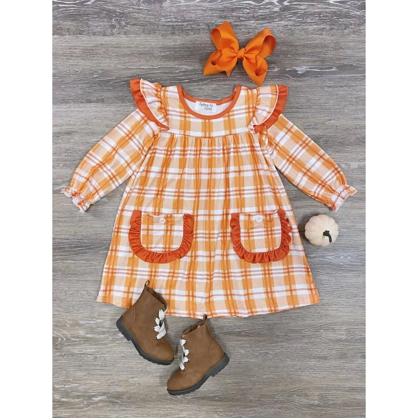 SYDNEY SO SWEET Fall in Love Orange Plaid Girls or Toddler Size Long Sleeve Ruffle Pocket Dress Ready to Ship