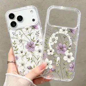 Purple Floral Aesthetic Phone Case for iPhone 17 16 15 Pro Max Air 14 Plus 13 12 11 MagSafe Trendy Clear Plastic Acrylic Shockproof Full Coverage Cover Gift Idea Decorative Smartphone Casing Slim Case TMCX2600506011 Military Grade Rotating Camera