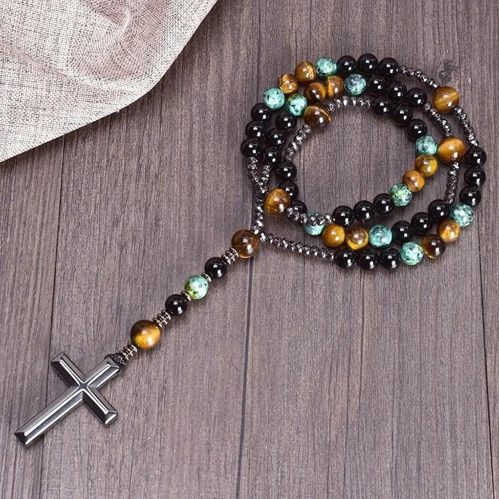 Natural Healing Crystal Bead Cross Necklace - Triple Protection, Tiger Eye, Hematite, African Turquoise, Artisanal Handmade Spiritual Jewelry for Men, Daily Wear Christian Charm Necklace, Bead Cross Necklaces