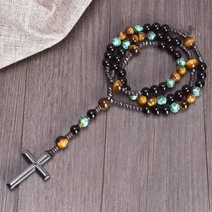 Natural Triple Protection Cross Necklace, Tiger Eye Hematite African Turquoise, Mens Christian Crystal Jewelry Cross Charm Meditation Healing Men Women Necklace