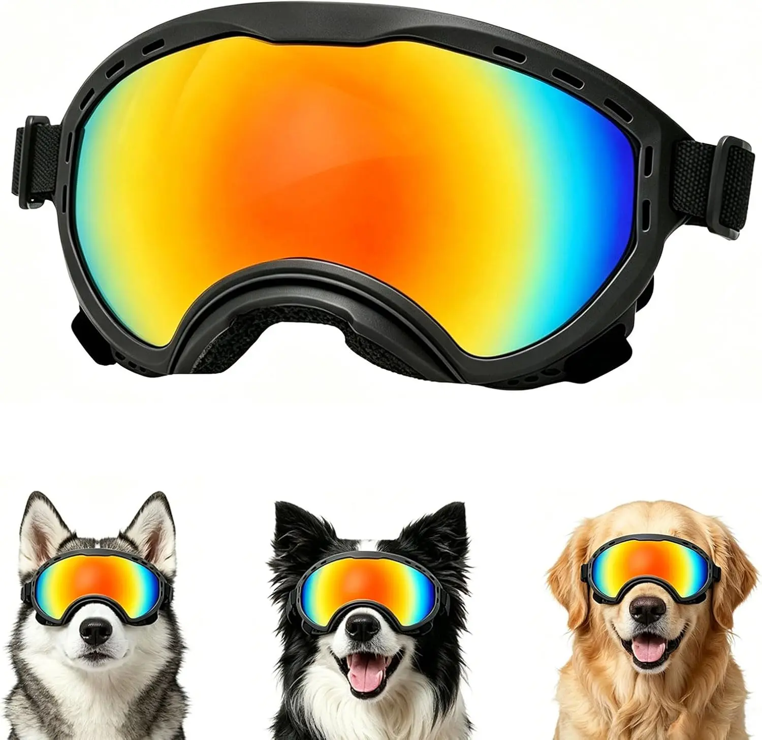 Black Frame Dog Goggles for Medium/Large Breeds, Outdoor Pet Eyewear with Colored PC Lenses, Soft TPU Frame, Adjustable Straps, Sun Protection, Windproof, Dustproof, Fog-Free Accessories