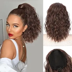 Ponytail Extension,Drawstring Ponytail for Women 14 Inch Synthetic short Curly Wavy Lightweight Layered Pony Tails(Reddish Brown)