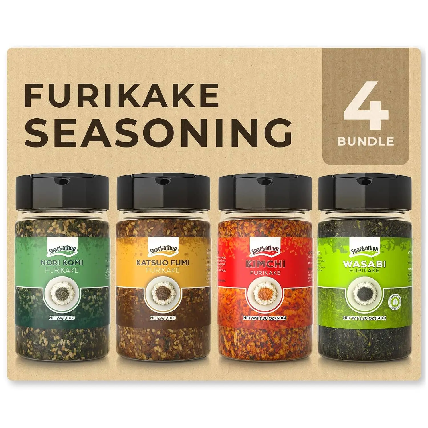 Snackathon Furikake Rice Seasoning, 4 Flavor Bundle, 1.76 oz (Pack of 4) | Nori Komi, Katsuo Fumi, Kimchi & Wasabi Variety, Japanese Furikake Toppings For Fried Rice, Ramen, Onigiri Rice Balls & More