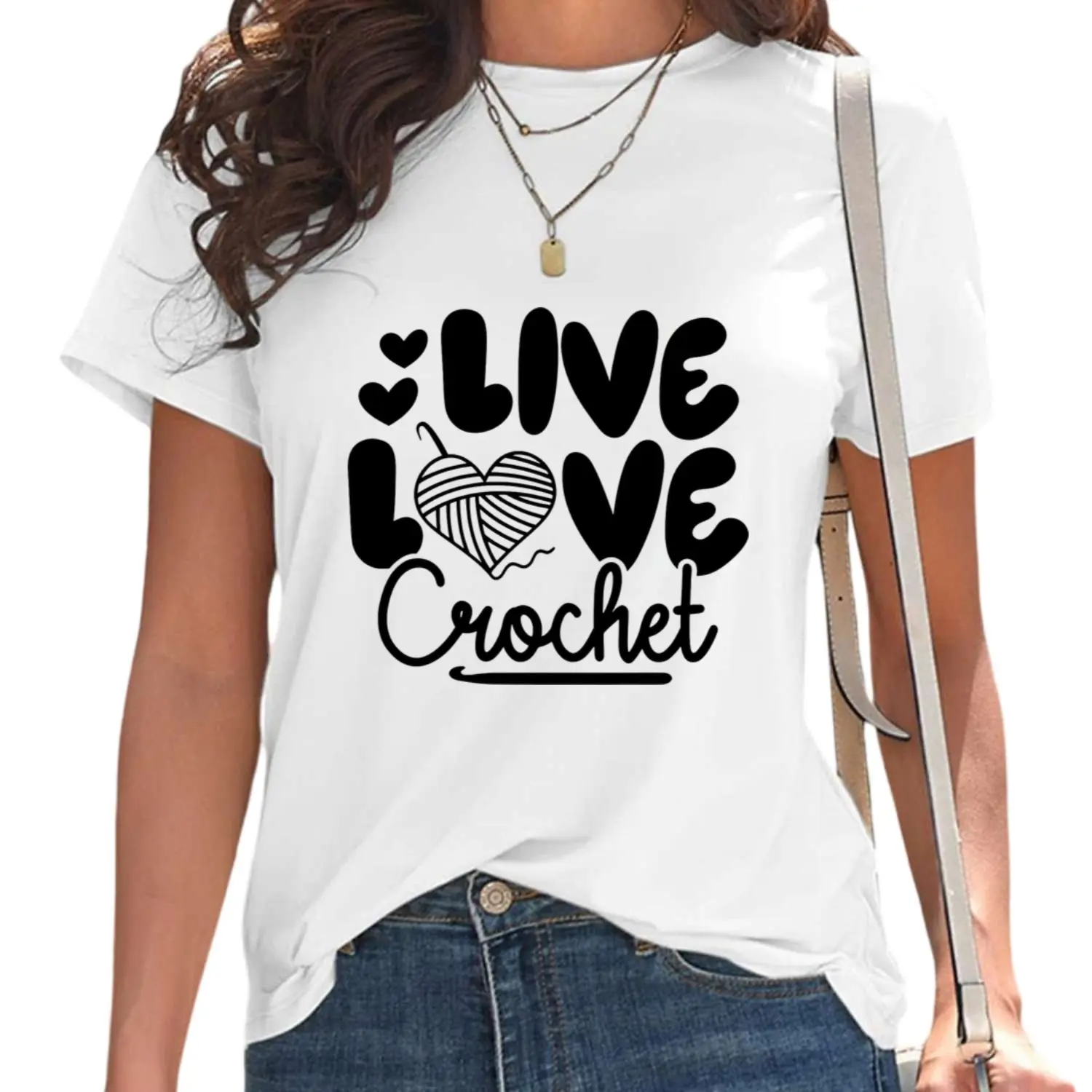 Women'S Crochet-Themed Graphic Tee - LIVE LOVE Crochet Print with Heart Design, White Casual Short-Sleeve Top, Round Neck, Machine Washable, Perfect for Spring And Summer Daily Wear, Fun Apparel, Soft Texture, Trendy Printed Shirt