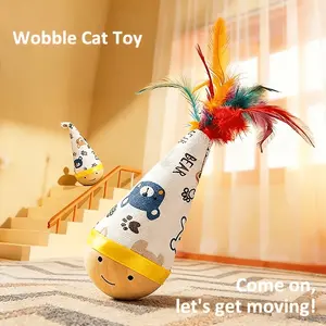 Cartoon Print Cat Tumbler Toy, Interactive Feather Teaser Wand with Durable Wooden Base, Self-Entertainment Cat Toy for Exercise, Mental Stimulation & Boredom Relief, Safe for All Cat Breeds & Sizes, Indoor Play