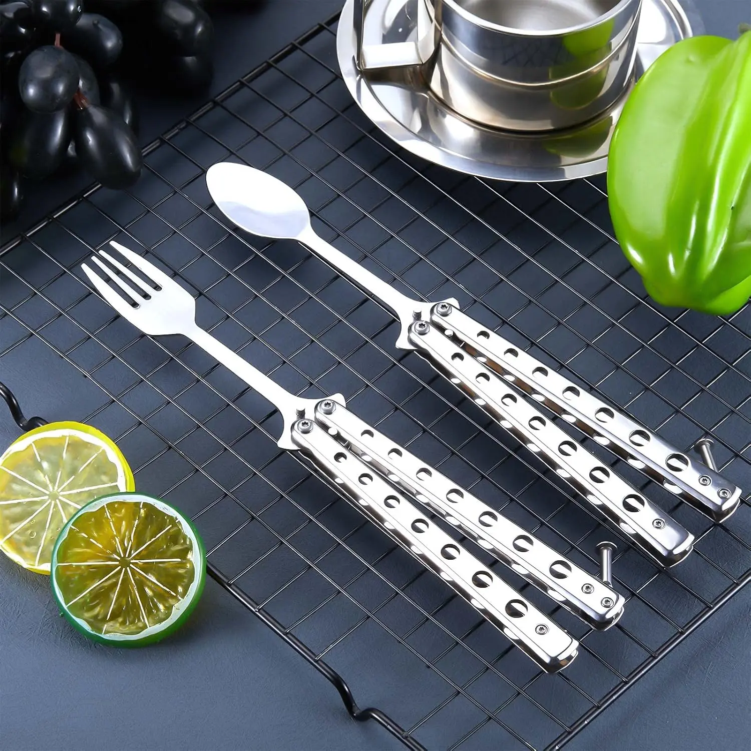 2 Pcs Butterfly Fork and Spoon Set, Tactical Butterfly Spoon Folding Stainless Steel Spork Utensil (Silver)-#SohoChic