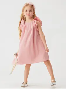 Toddler Girl's Solid Ruffle Trim Belted Sweater Dress, Cute Casual A Line Sleeveless Dress for Summer, Frilled Dress, Kids Clothes for Daily Wear