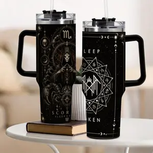Sleep Token x Zodiac 40oz Insulated Aesthetic Tumbler with Handle and Straw, Large Capacity Stainless Steel Travel Bottle, Cold/Hot Insulation Home Supply