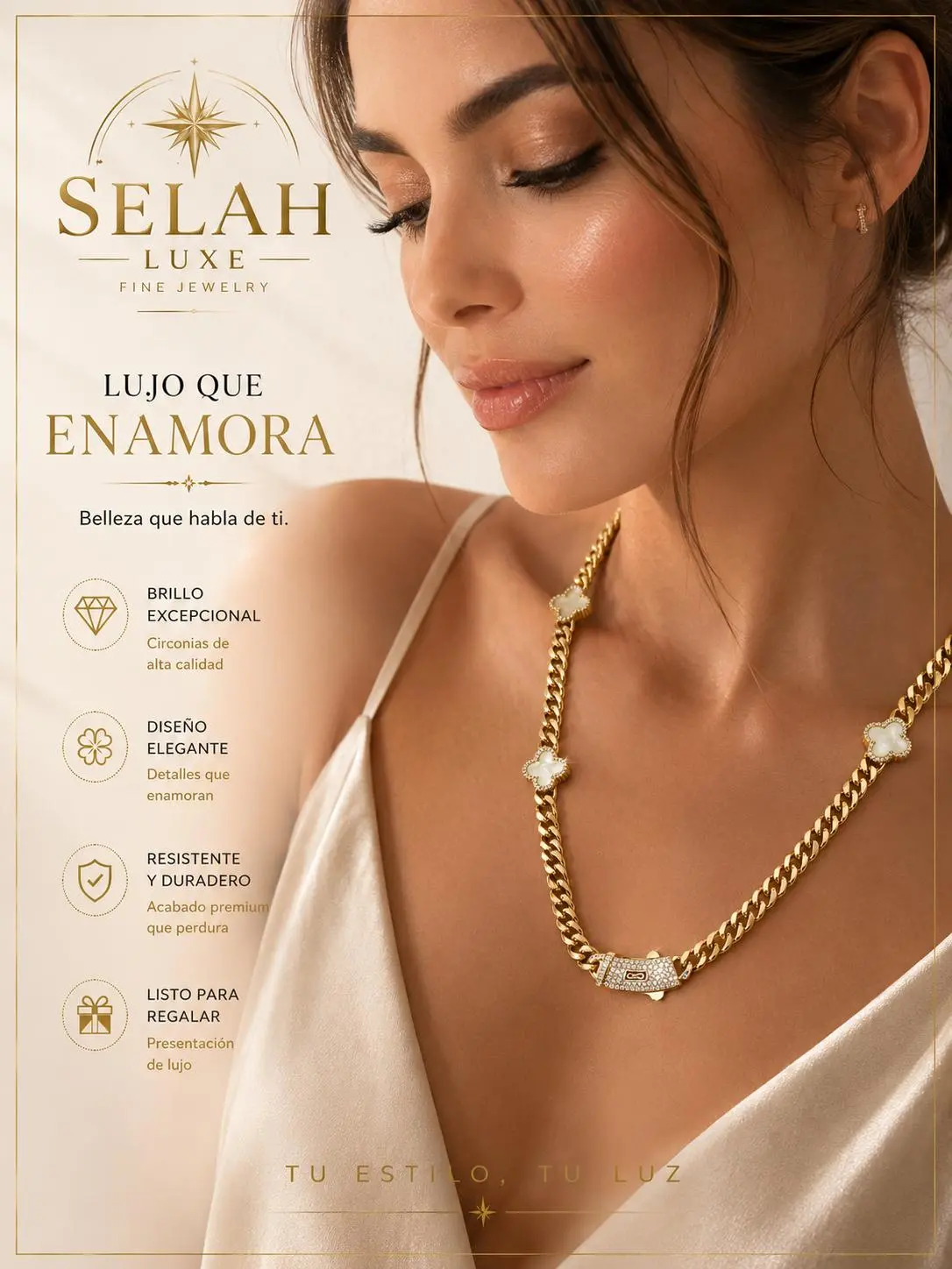 Mother of Pearl Flower Cuban Chain — Gold Cubic Zirconia
