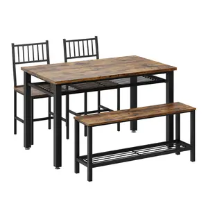 Farmhouse Kitchen Table Chairs Set for 4–47"Modern Dining Table for 4 with Bench&Chairs,Storage Shelf&Metal Frame,Space-Saving Design for Dining Room/Kitchen/Apartment (Brown/Gray/Black)
