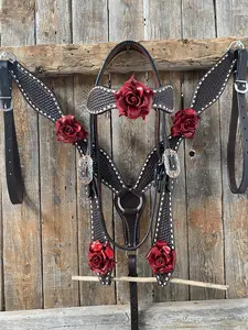 Dark Oil Buckstitch -Red Rose Browband Headstall & Breastcollar Tack Set #BBBC402