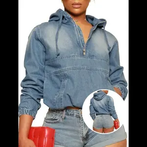 [S-3XL] Women's Half Zip Denim Hoodie Pullover Jacket Jean Tops Casual