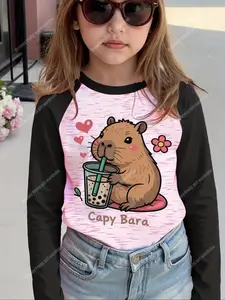 Girls' Colorblock Cartoon Pattern Long Sleeve T-Shirt, Funny Graphic Tee, Comfortable Soft Fabric, Casual Fit, Perfect for Home, Outdoor Sports, Parties