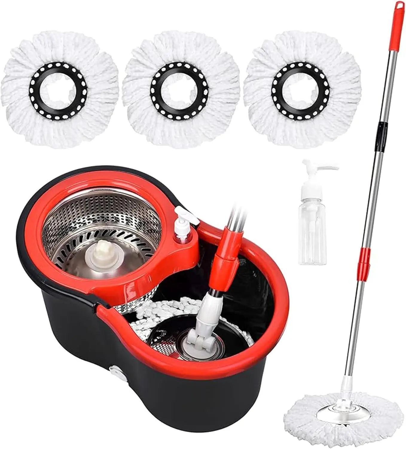 Black Spin and Mop Bucket Set - 360° Degree with 3pcs Microfier Mop Heads,  Multicolor Useful Home Cleaning Tools Set Adjustable Extendable Handle
