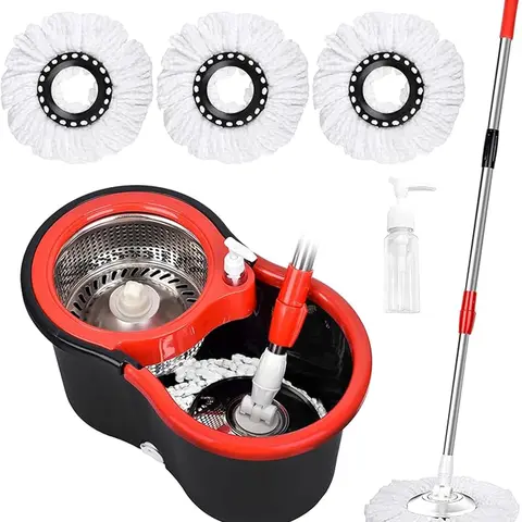 Black Microfiber Spin Mop with Rotating Bucket Set - 39-60in Adjustable Handle, 3-Head Microfiber Refills, 360° Rotatable Head, Box, Household Items Tools and Gadgets for General Floor Home Care Cleaning Supplies