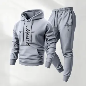 Men's Blessed Print Hoodie and Drawstring Sweatpants Set, Menswear, Casual Athletic Long Sleeve Hooded Jacket & Trousers for Fall & Winter, Men's Clothing for Daily Wear, Sportswear Indoor Outdoor, Tracksuit, Athleisure Summer Clothes