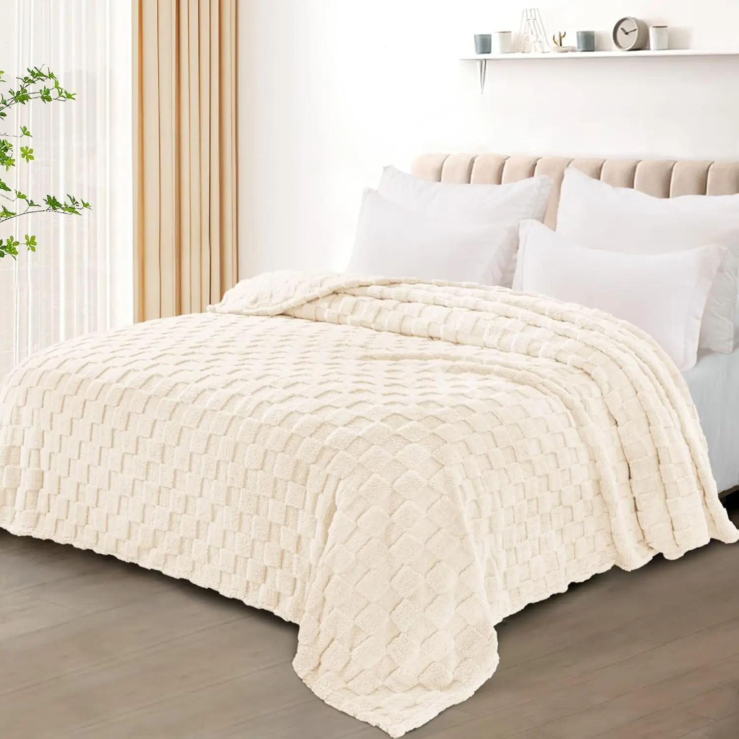 King Size Checkered Flannel Blanket - Warm, Lightweight, Breathable for Multiple Seasons, 90x104" Ivory Bedding Throw