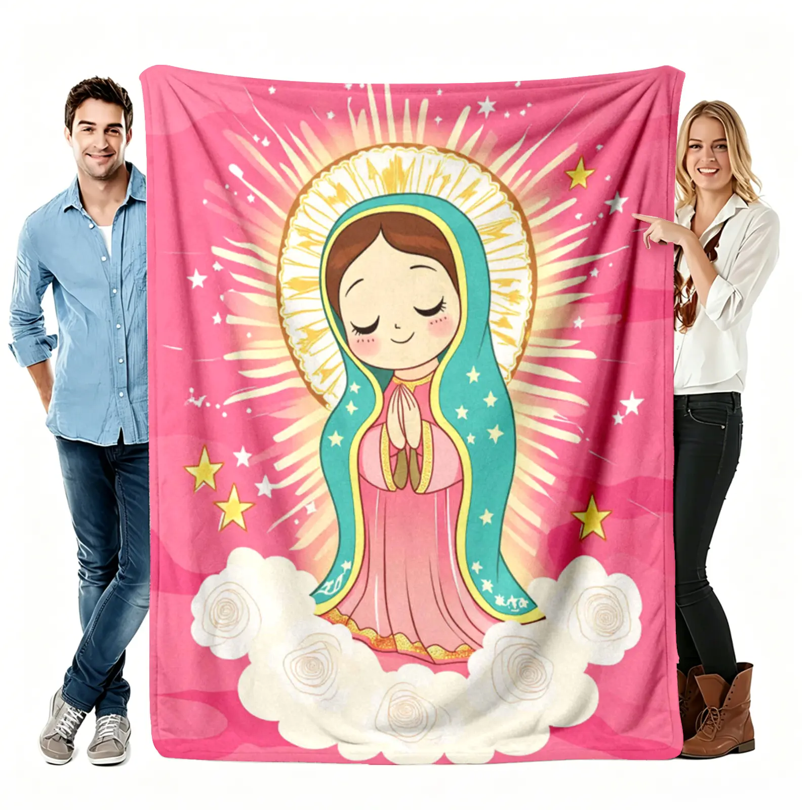 Flannel Blankets - Soft, Wrinkle-Resistant Plush Throws with Anime Characters (Virgin Mary, Our Lady Guadalupe, Dark Cute Cartoon Highland Cow, 6-Day Star, Lola Worm), Multi-Size (30x40 in to 60x80 in), Portable Sofa Cover, Thoughtful Gift for Girlfriends