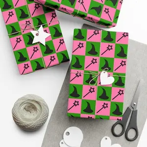[Blackk Friday Sale] Wicked Inspired wrapping paper - Pink squares with Glinda's wand & Green squares with Elphaba's hat Festive Xmas Holiday Gift Wrap, Luxury Decor Wrap Paper home christmas