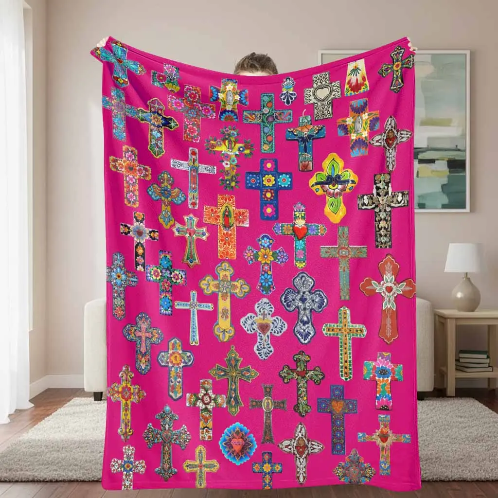 Colorful Cross Pattern Flannel Blanket - Vibrant Religious Art Print, Wrinkle Resistant, Breathable, Durable, Soft, Lightweight, Cozy Home Decor, Machine Washable, Travel-Friendly, Perfect for Living Room, Church Gift