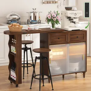 69" Kitchen Island with 360° Rotating Table, Bluetooth Speakers, LED Lighting, Adjustable Shelves, Storage Cabinet & Power Outlet – Walnut Finish Extendable Dining Table for Kitchen, Dining Room, Bar