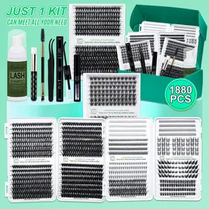 1880 PCS Lash Clusters Kit D Curl 13 Styles Lashes Kit False Eyelash Extensions with Bond&Seal Lash Remover Lash Brush Lash Applicator Lash Shampoo Brush, Perfect for Beginners&Proficient, DIY at Home Easily, Easy Apply for Makeup Daily, Set