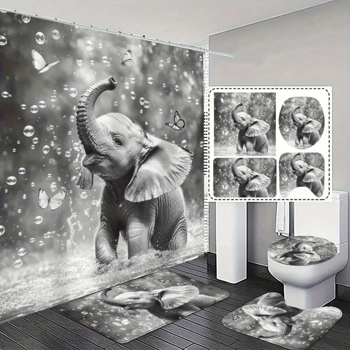 4pcs Bathroom Decoration Set, Elephant Design Shower Curtain And Non-Slip Bathroom, Toilet Lid Cover - 2D FLAT Printing Exquisite And Practical Home Decoration Gifts