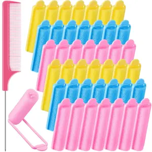43 Pcs Foam Sponge Hair Rollers Women 0.59 Inch Soft Sleeping Curlers Flexible Sponge Curler Tool and Rat Tail Comb for Hair Styling Hairdressing Overnight Curl and Volume(Pink Blue Yellow)