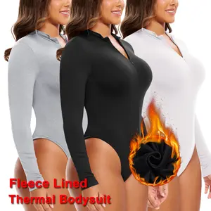 Women's Solid Half Zipper Mock Neck Long Sleeve Bodysuit, Casual Comfy Fleece Lined Bodycon Bodysuit For Fall & Winter Daily Outdoor Wear, Women's Thermal Shirt Tank Top dance clothing shorts bodysuit Womenswear Comfort