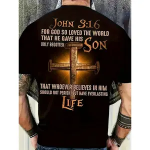 100% Cotton Men's Casual Black T-Shirt with John 3:16 Verse and Cross Design, Everyday Comfort Fit, Inspiring Christian Scripture Print Tee