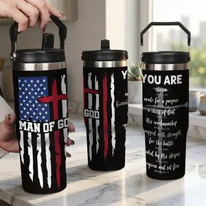 Man of God Christian Gifts for Men - Skinny Tumbler with Lid and Straw - Patriotic American Flag Cross Stainless Steel Double Wall Vacuum Insulated Travel Coffee Mug - Religious Scripture Gifts for Him