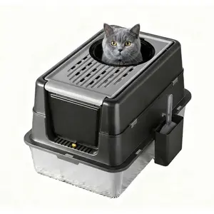 23.6" Large Stainless Steel Enclosed Cat Litter Box, Double-Layer Full Covered with 180° Flip-Top Lid, Dual Entry (Front Door & Top), Easy Clean Odor Control for Large Cats (Dark Black) box furniture