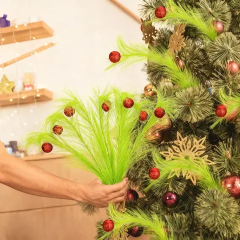 Christmas Ornaments Green Furry Picks Fluffy Cuttable Christmas Tree Topper Set Xmas Tree Branch, Faux Pampas Grass Bendable Picks, Curly Artificial Stems with Berry Red Ball Wreath Vase Filler Holiday Home Christmas Decor