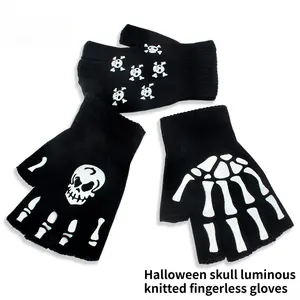 Halloween Luminous Knitted Half Finger Skull Ghost Claw Gloves for Adult Sports Cycling