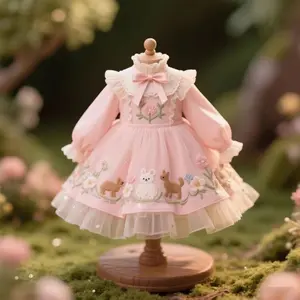 2025 Girls' Autumn & Winter New Long-Sleeve Dress – Toddler's 1st Birthday Embroidered Puffy Gown, Pink Princess Dress