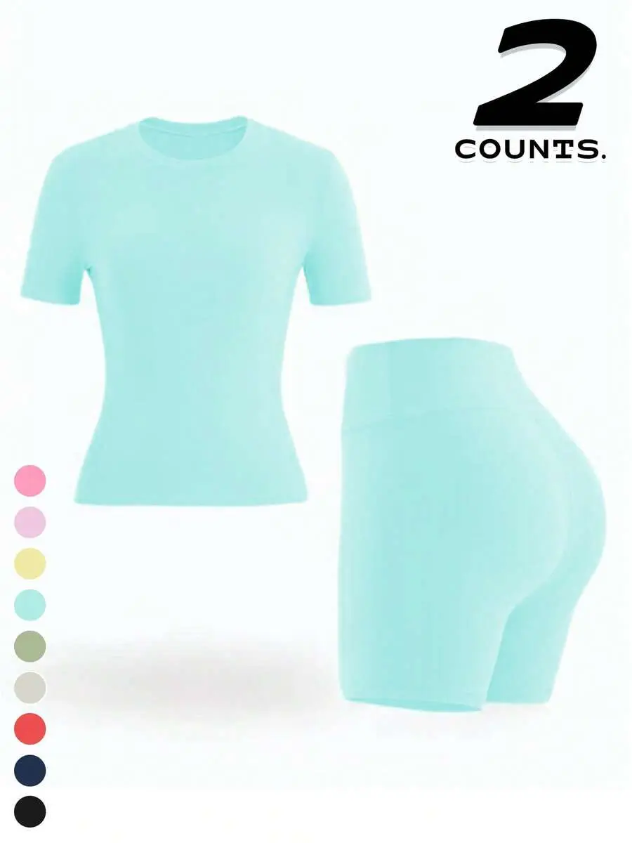 AESS 2pcs Set Of Women's Solid Color Round Neck T-Shirt+High Waisted Cycling Shorts Sports Suit, Lapel Short Sleeved T-Shirt+Tight Shorts, Gym Clothing, Women's Sportswear, Indoor And Outdoor Casual Sportswear, Fitness Clothing, Workspace Clothing, Sport
